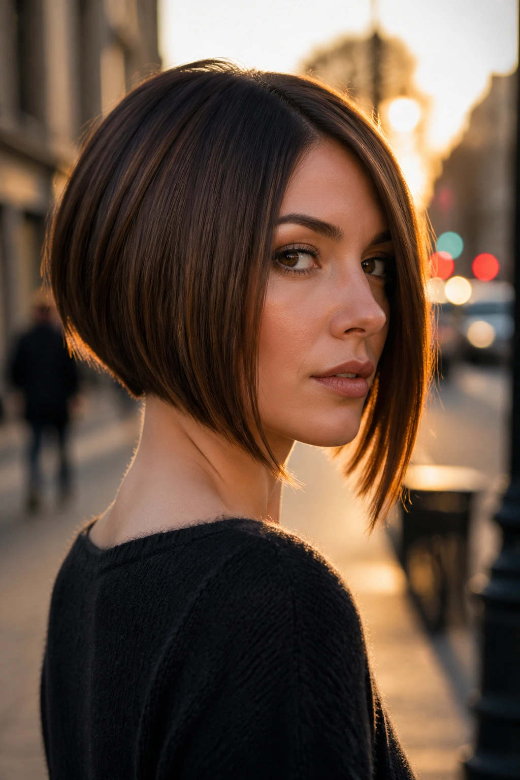 Portrait of a woman with angled A-line bob on a city street at golden hour.