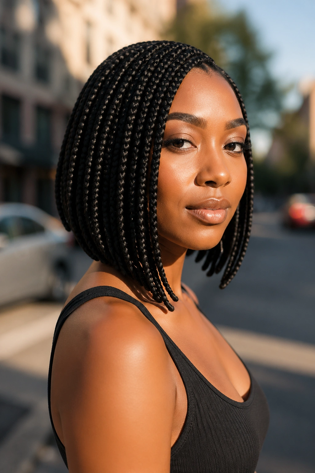 Close-up portrait of a woman with angled bob-length box braids showing the front-longer angle and sleek silhouette in natural light.