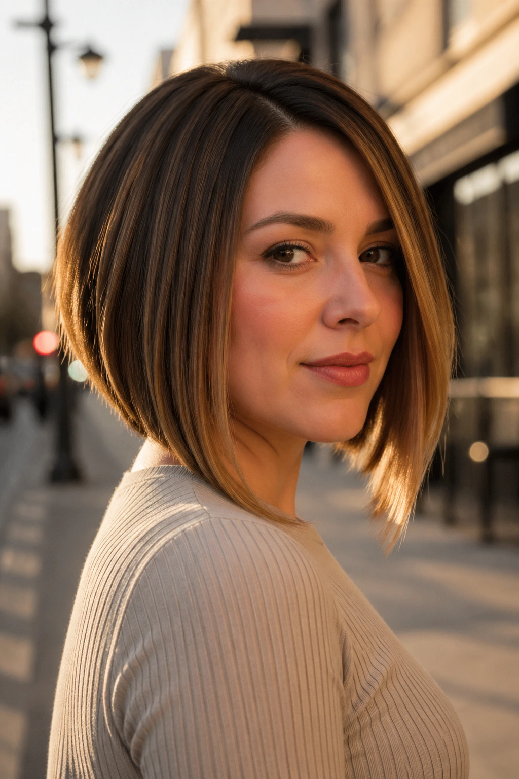 Portrait of a woman with an angled bob longer in front on a city street during golden hour.