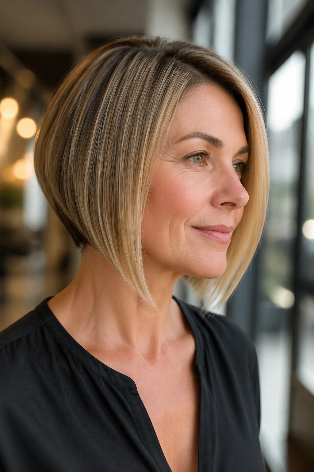 Portrait of a woman with an angled bob and long front pieces