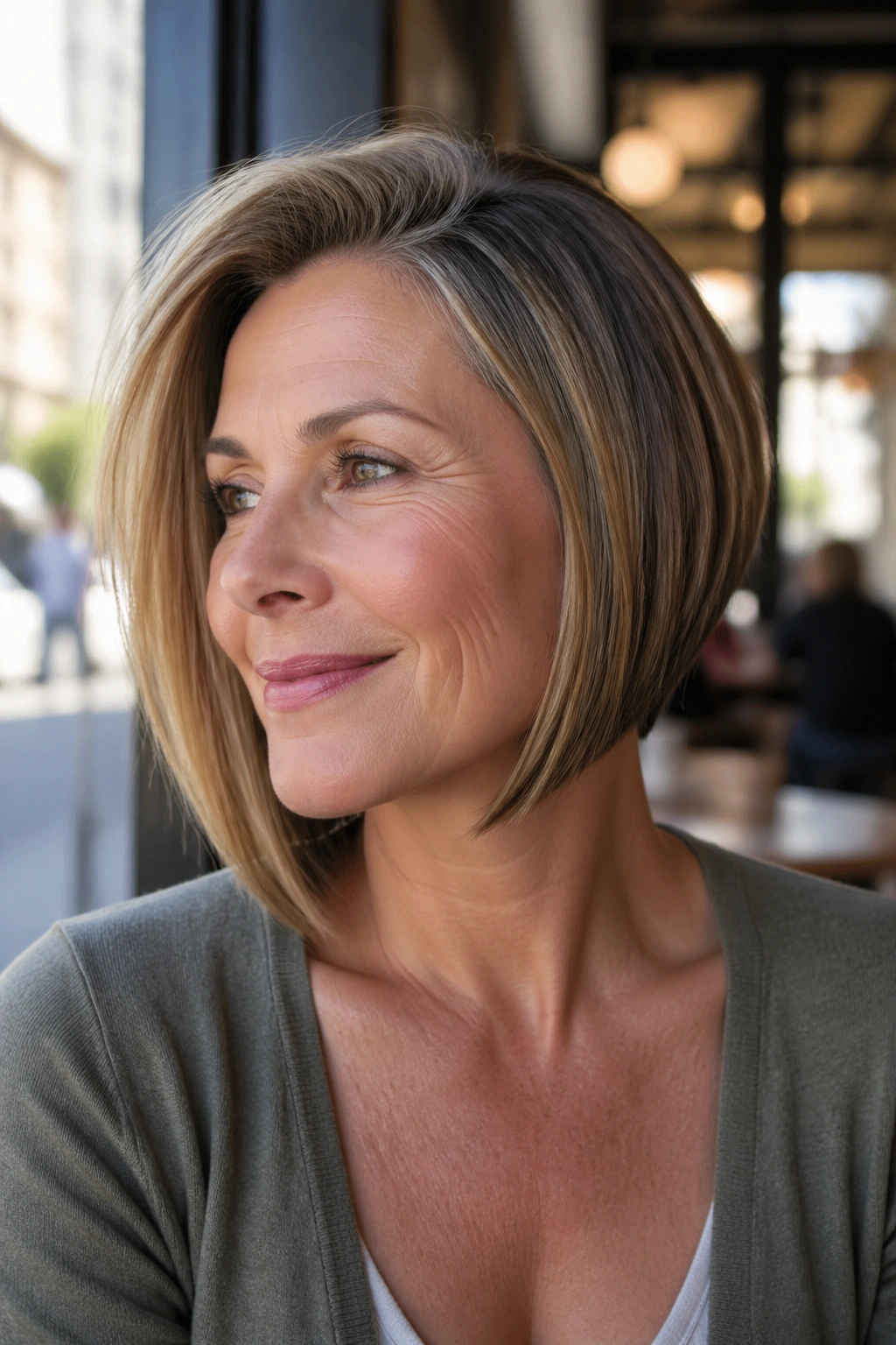 Real woman with angled bob showing longer front and shorter back