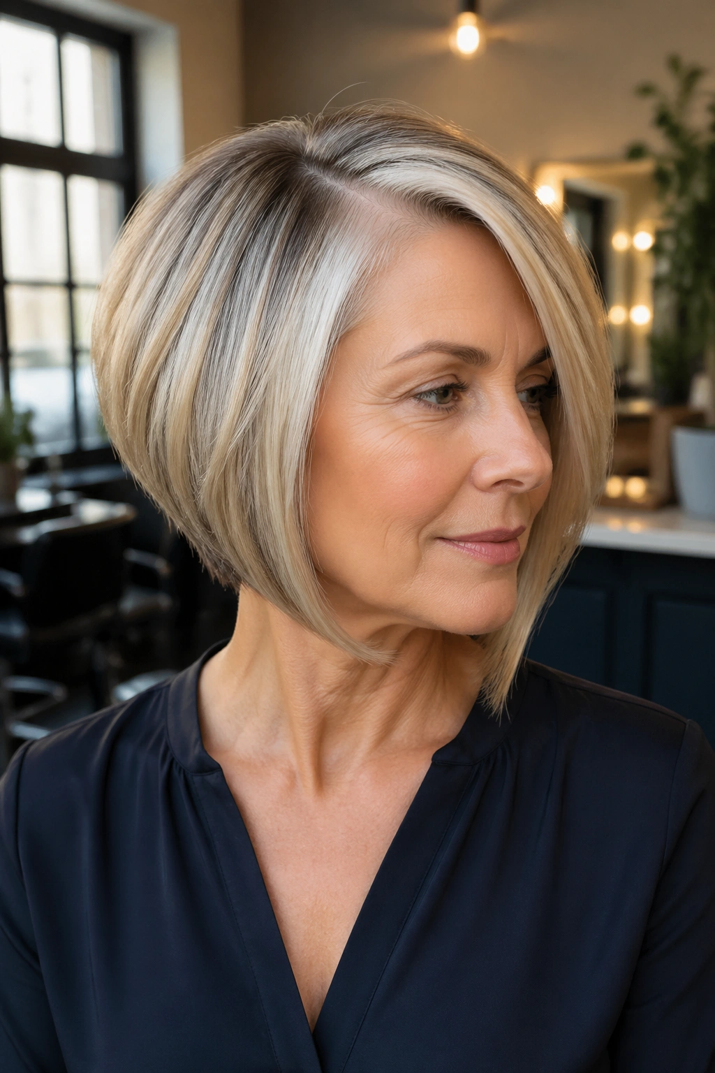 Close-up portrait of a real woman with Angled Bob with Side Part in a warm salon setting.