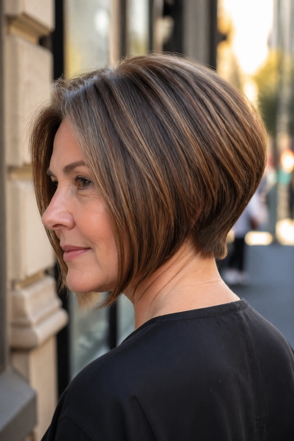 3/4 profile of a real woman with an angled bob and stacked nape.