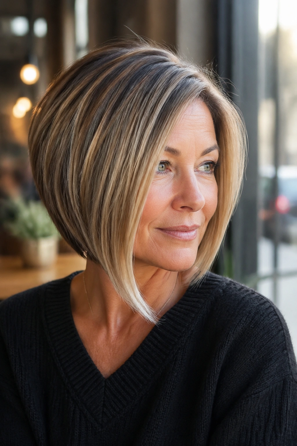 Real woman with angled bob featuring strong front pieces
