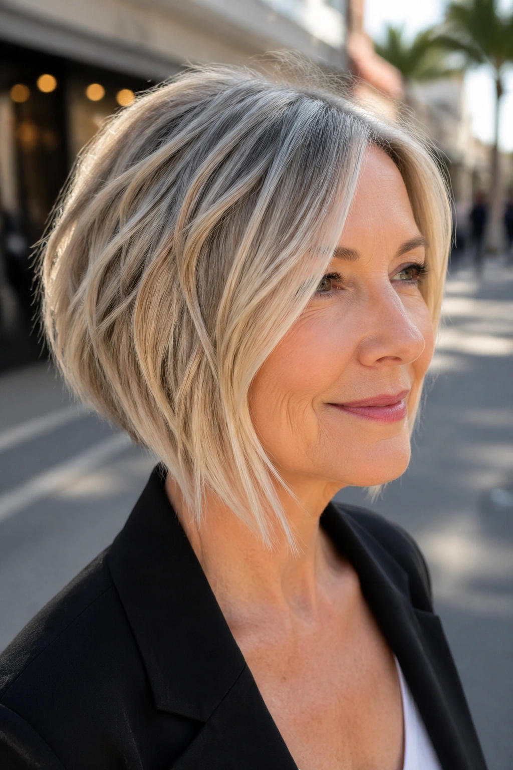 Close-up of a real woman with angled choppy bob in daylight on street