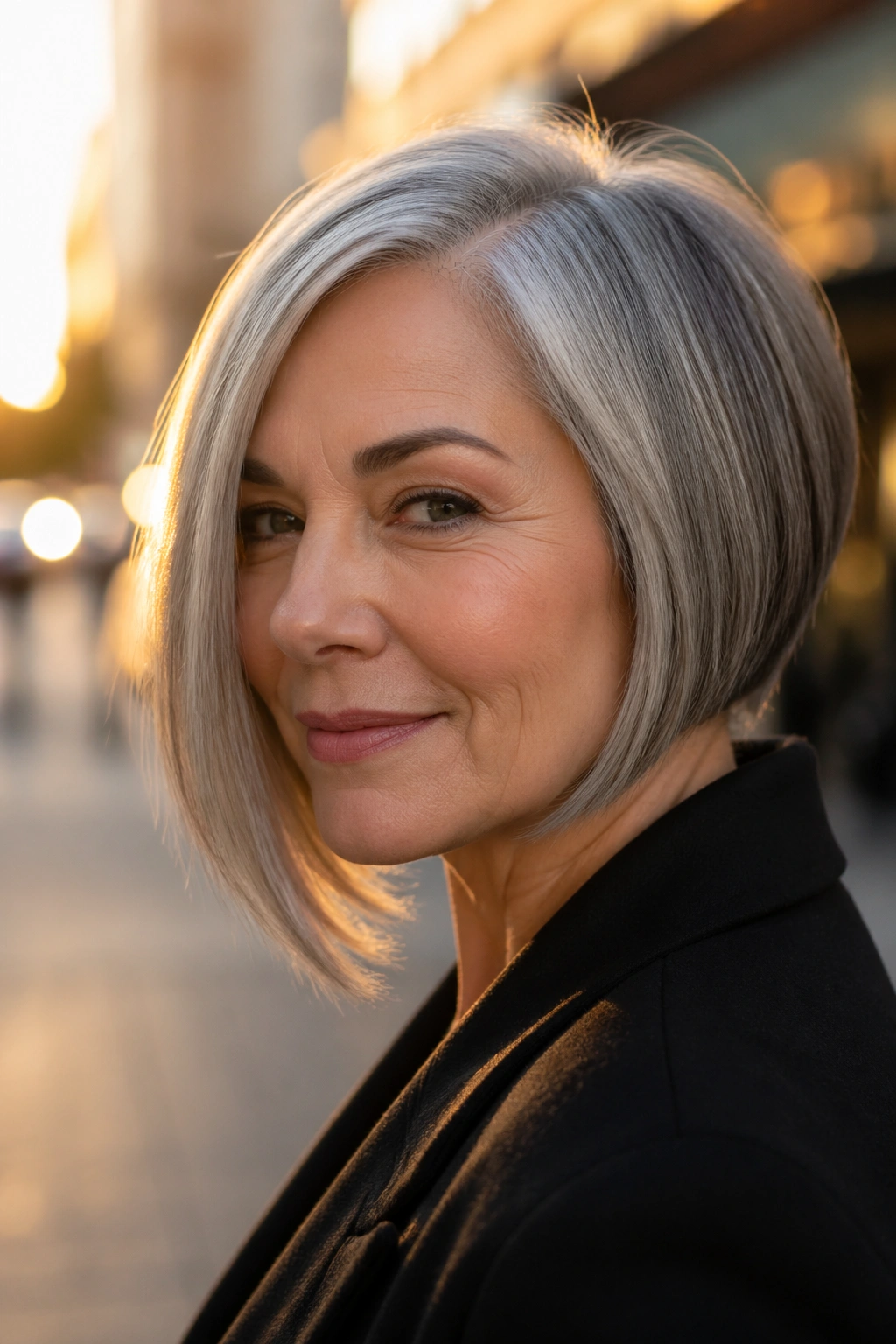 Portrait of a real woman with angled gray bob hairstyle.