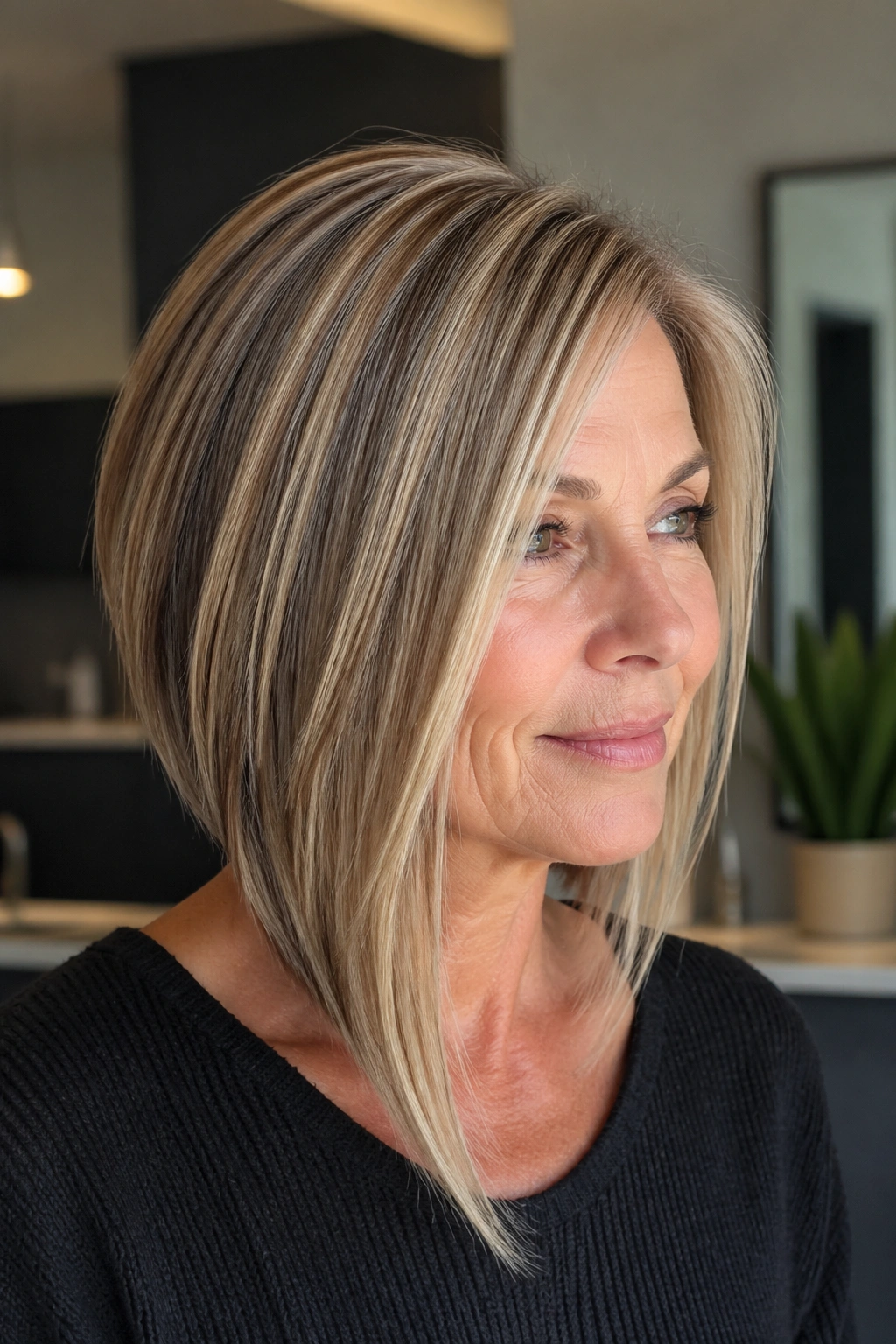 Close-up of a real woman with an angled lob and longer front pieces in soft indoor light