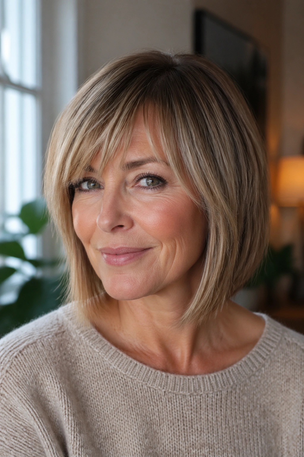Close-up portrait of a real woman with an angled lob and side-swept bangs, natural window light