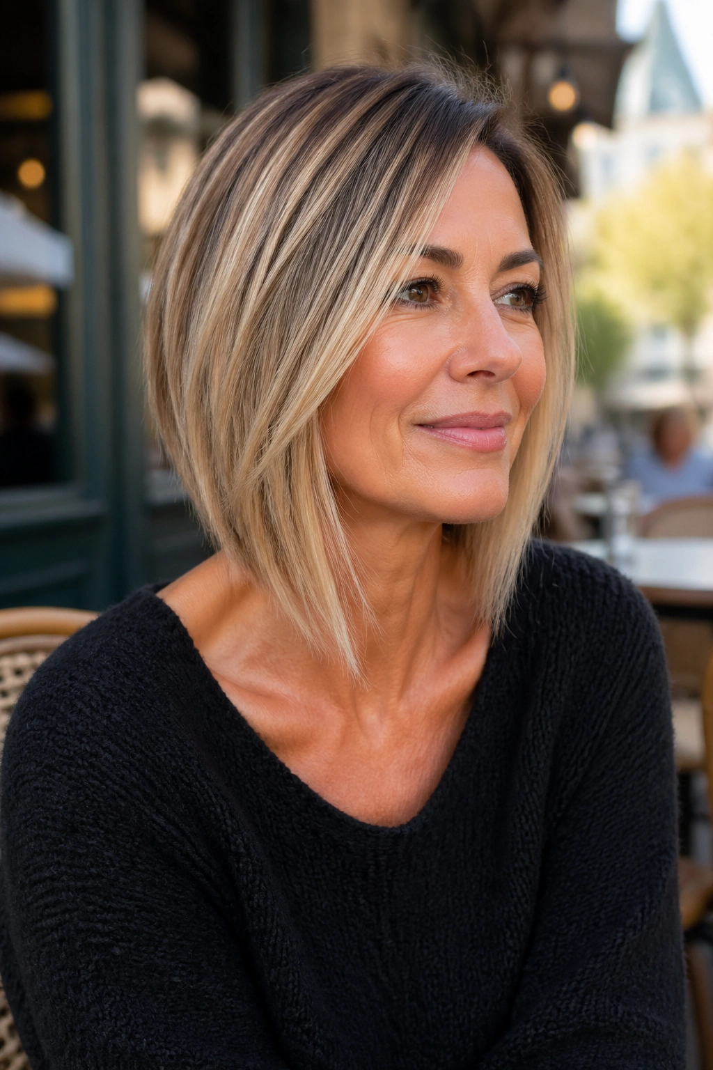 Portrait of a woman with an angled lob hairstyle