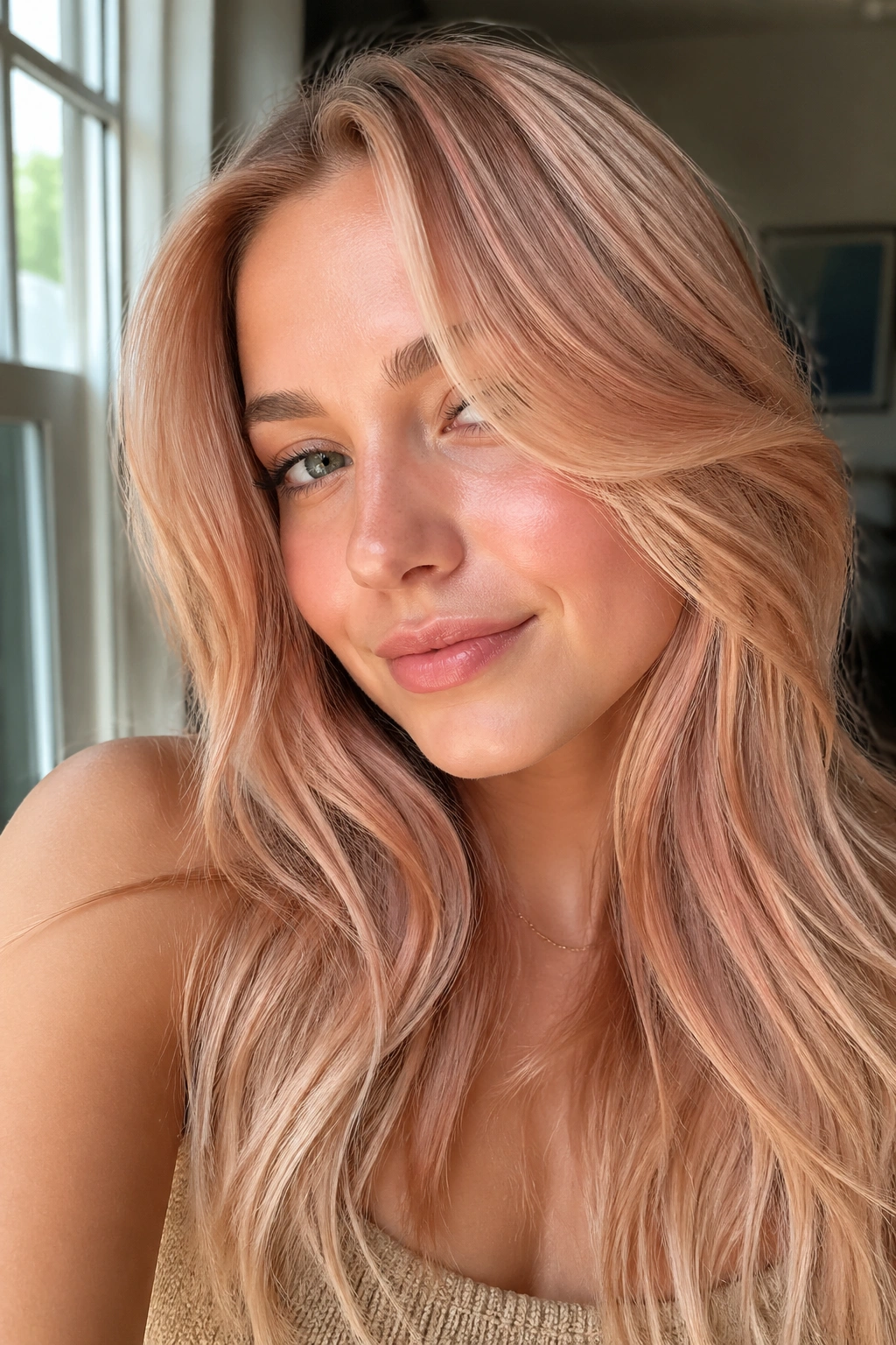 Close-up of a real woman with apricot beige blonde hair in daylight.