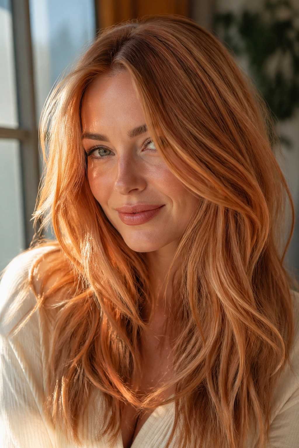 Real woman with apricot copper hair in close-up portrait.