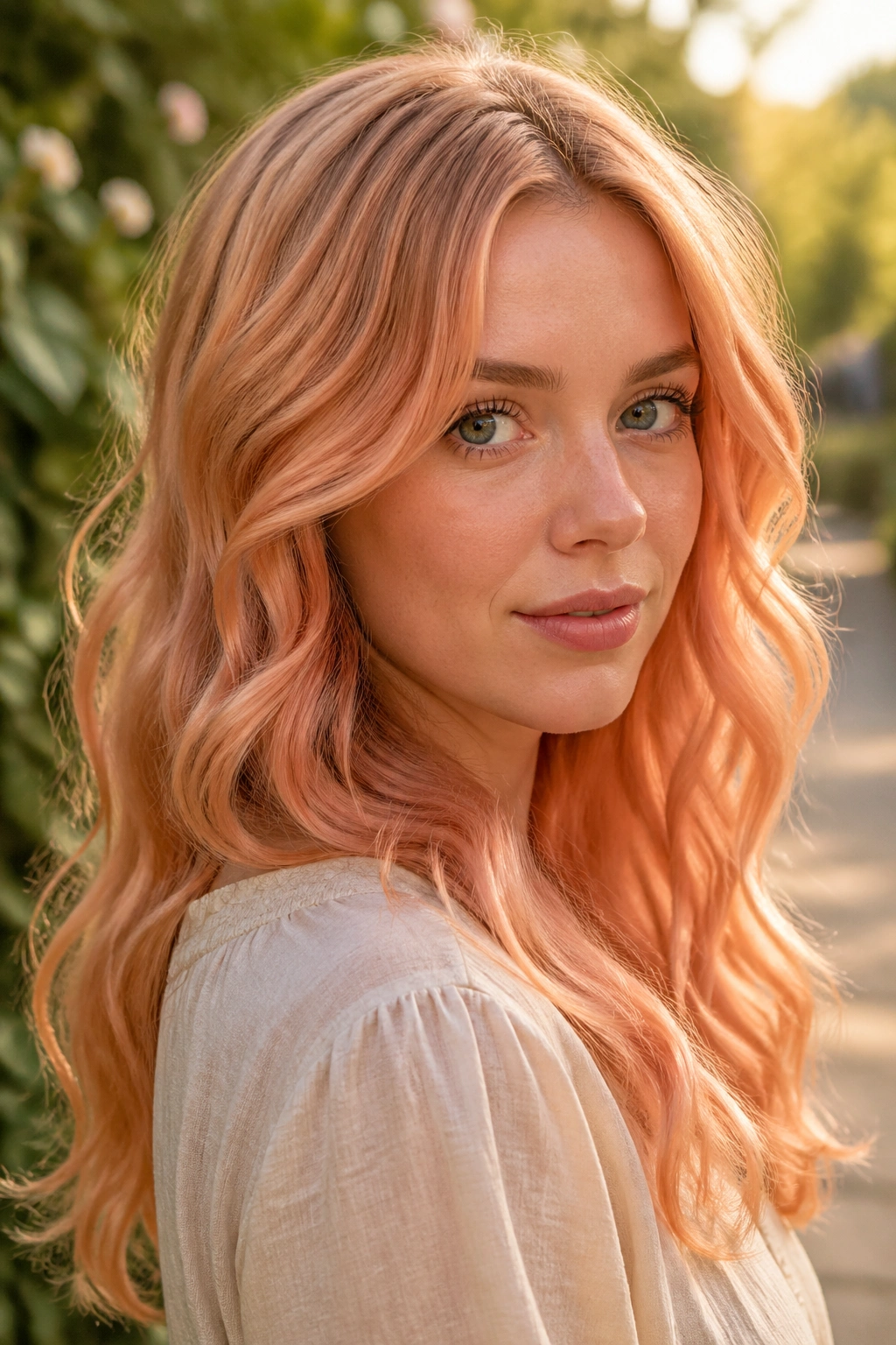 Close-up portrait of a real woman with loose apricot peach waves in warm, sunlit setting.