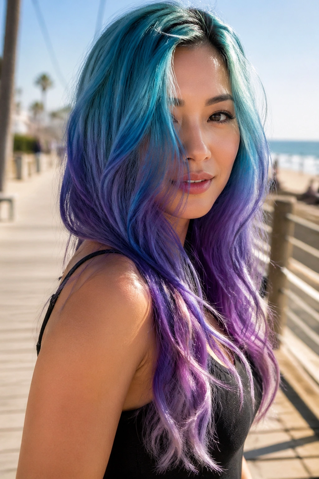 Close-up portrait of a real woman with aqua-to-violet color melt hair.