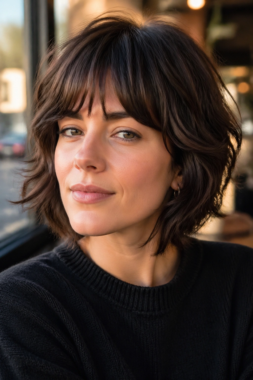 Close-up portrait of a woman with arched bangs in a jawline shag