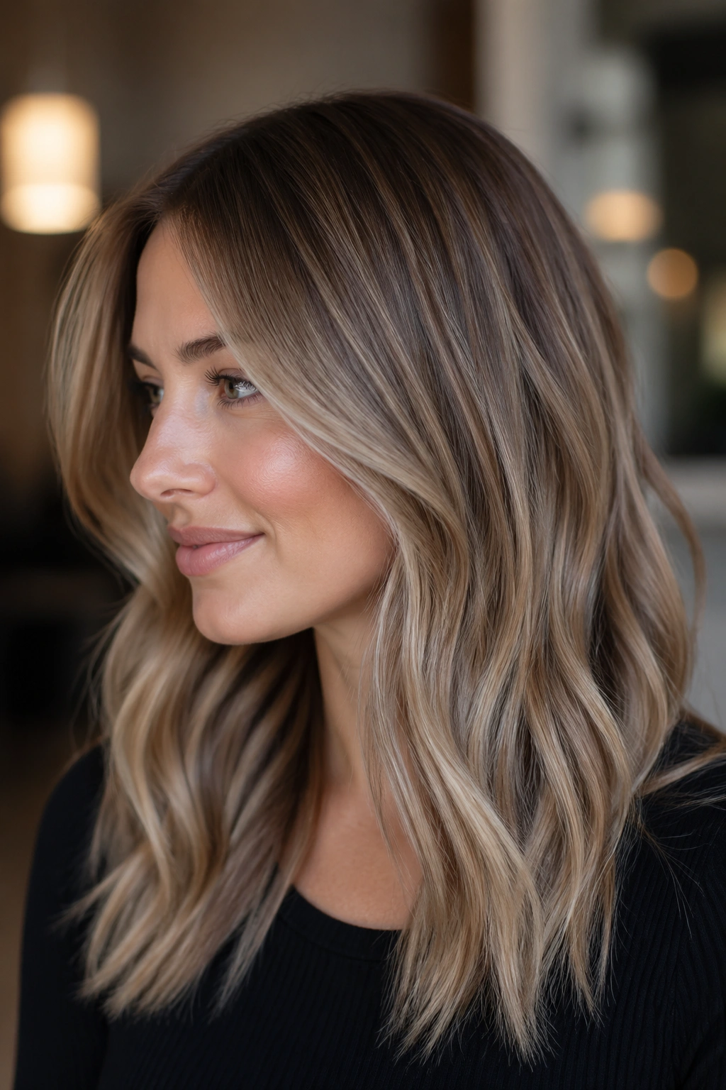 Close-up of a woman with ash beige balayage on hair.