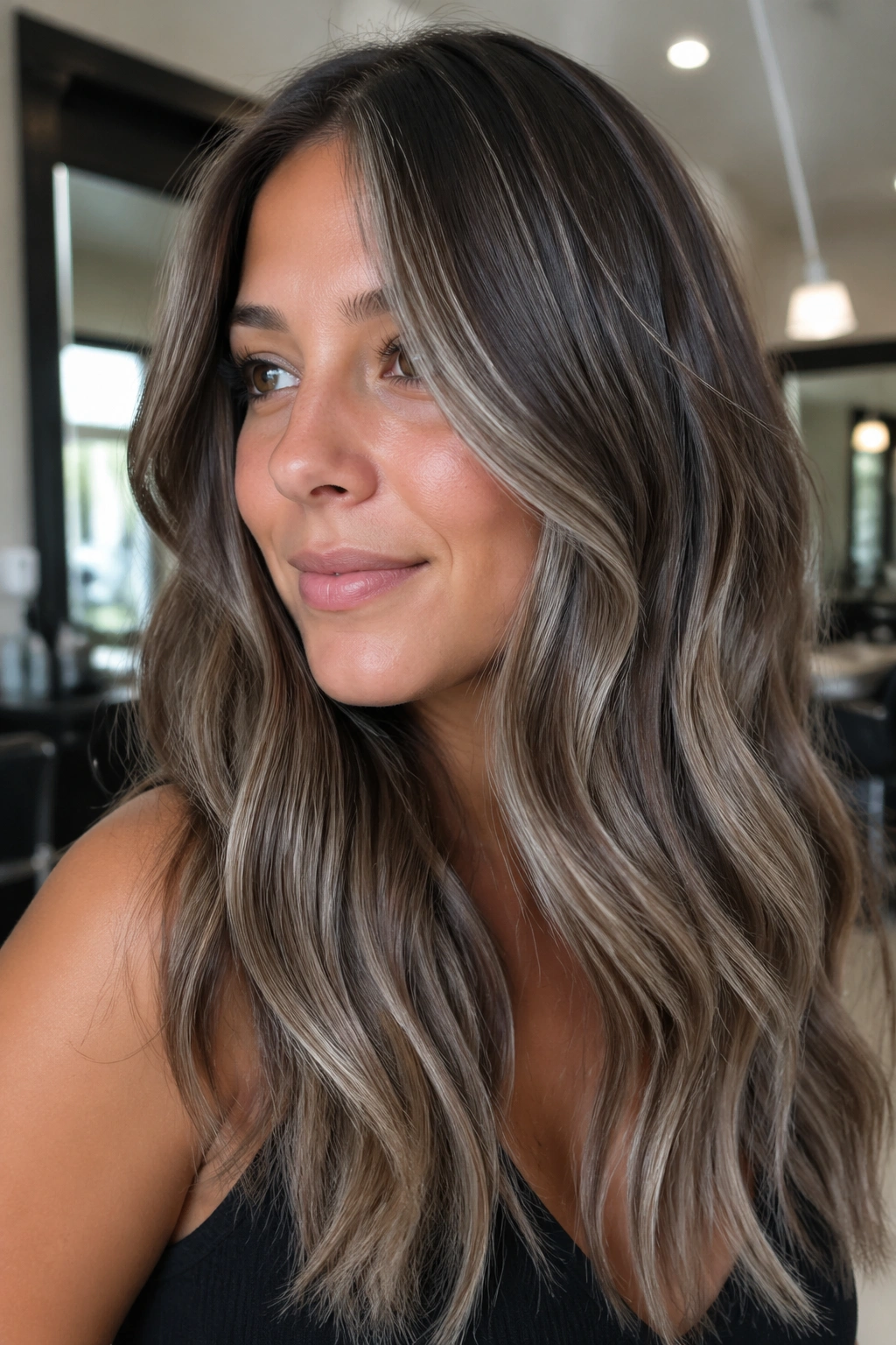 Close-up of ash beige brunette balayage with cool ash tones