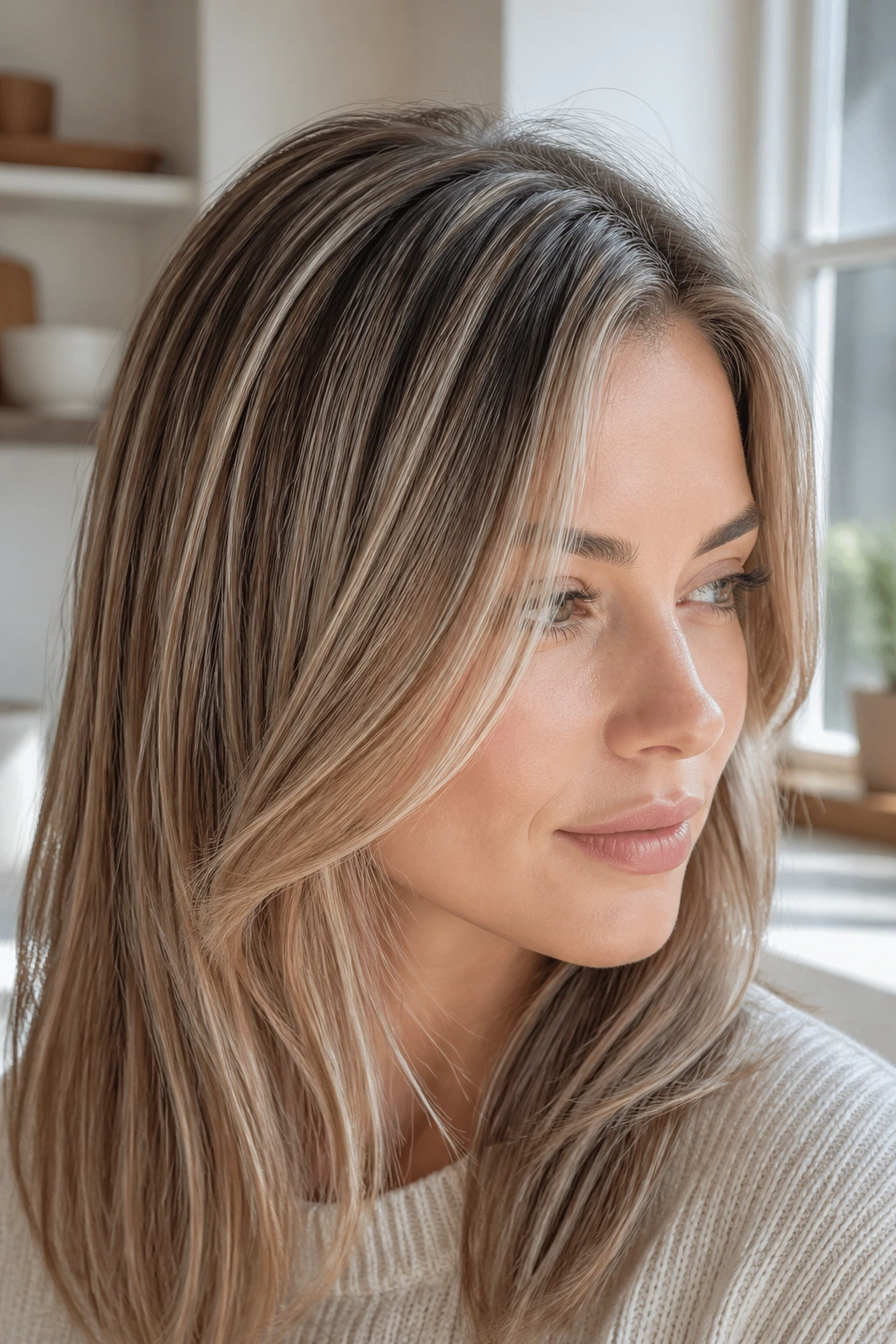 Close-up of fine hair with ash-beige lights around part