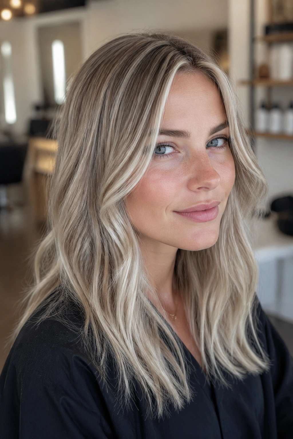 Close-up of a real woman with ash blonde hair and baby lights in salon lighting