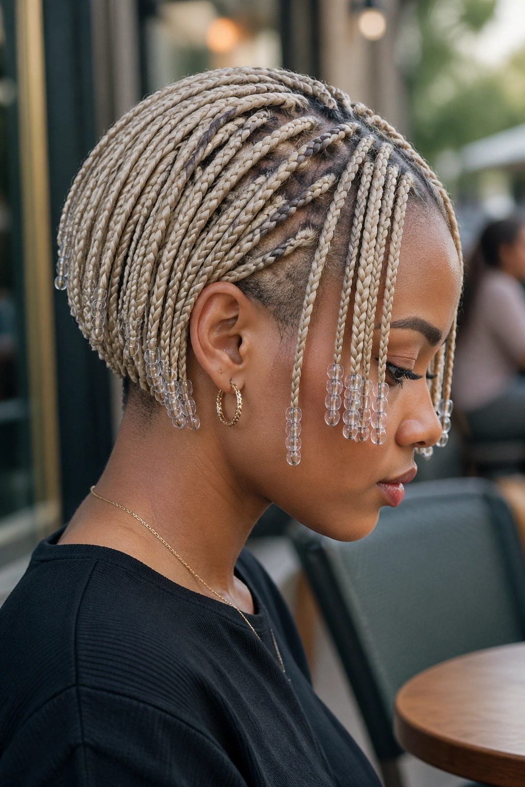 Close-up of a real woman with ash blonde tapered bob and clear beads on front braids
