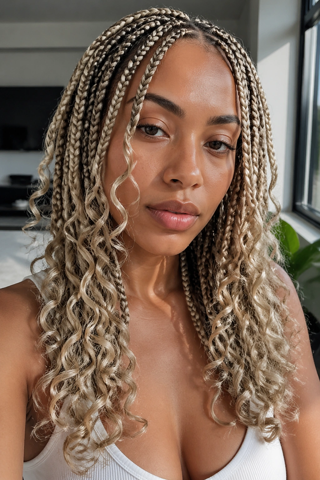 Close-up portrait of a real woman with ash blonde braids and soft curly ends