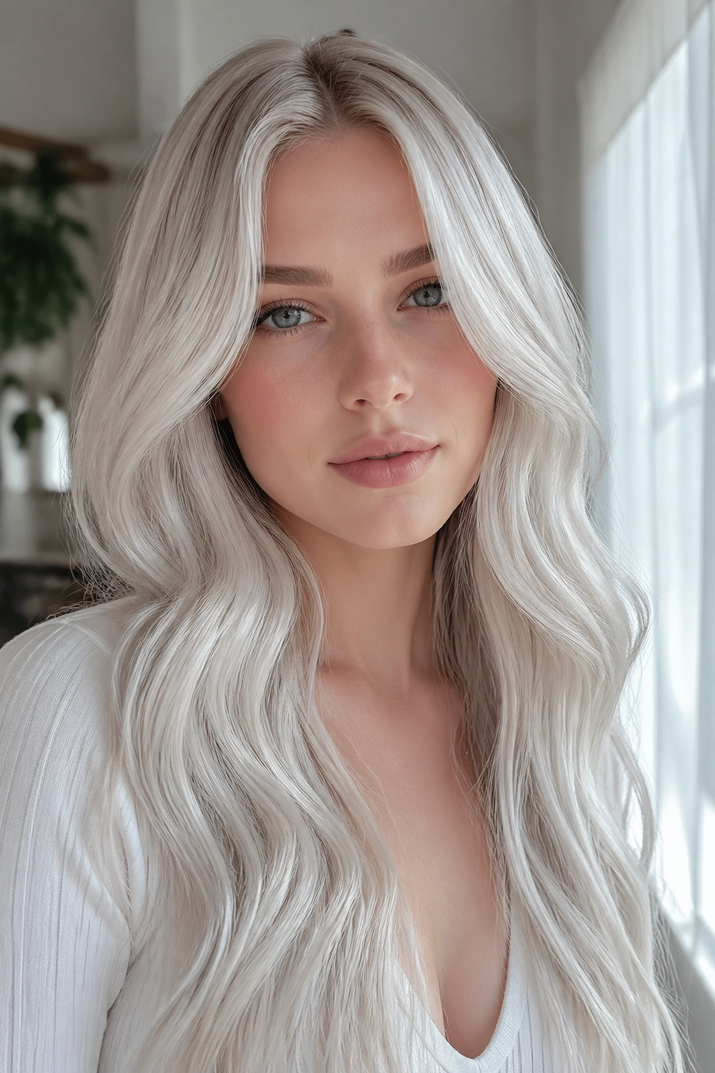 Close-up of a real person with icy platinum ash blonde hair in natural window light