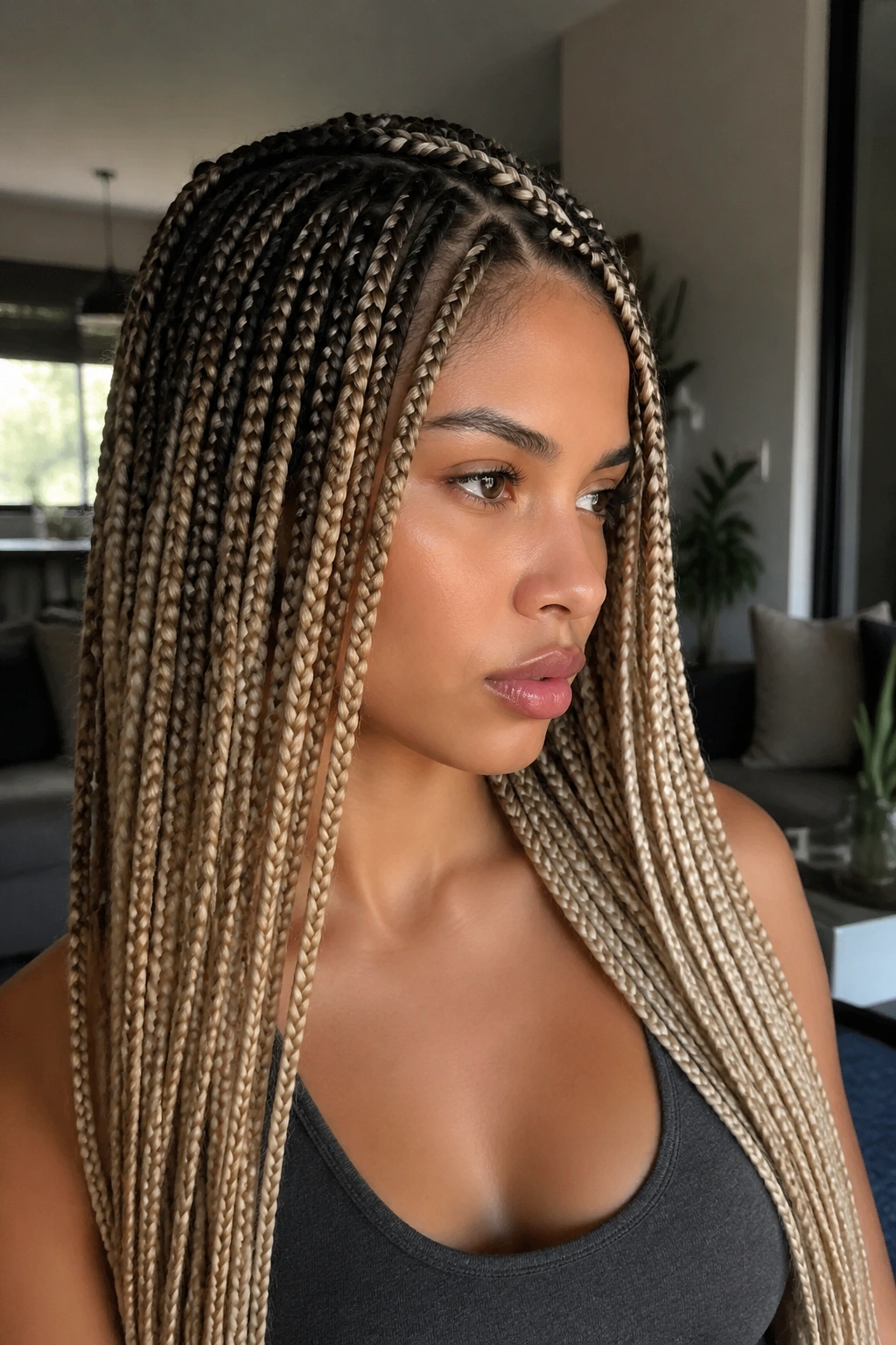 Real woman with ash blonde highlights and dark roots in knotless box braids
