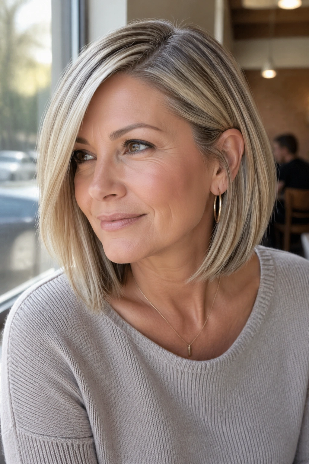 Close-up portrait of a real woman with a side-parted ash blonde lob showing dimension