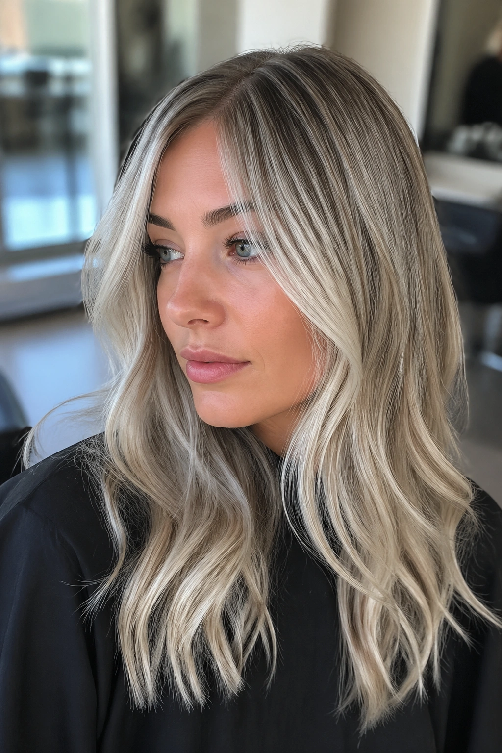 Real woman with cool ash blonde hair and visible subtle foils in a modern salon setting.