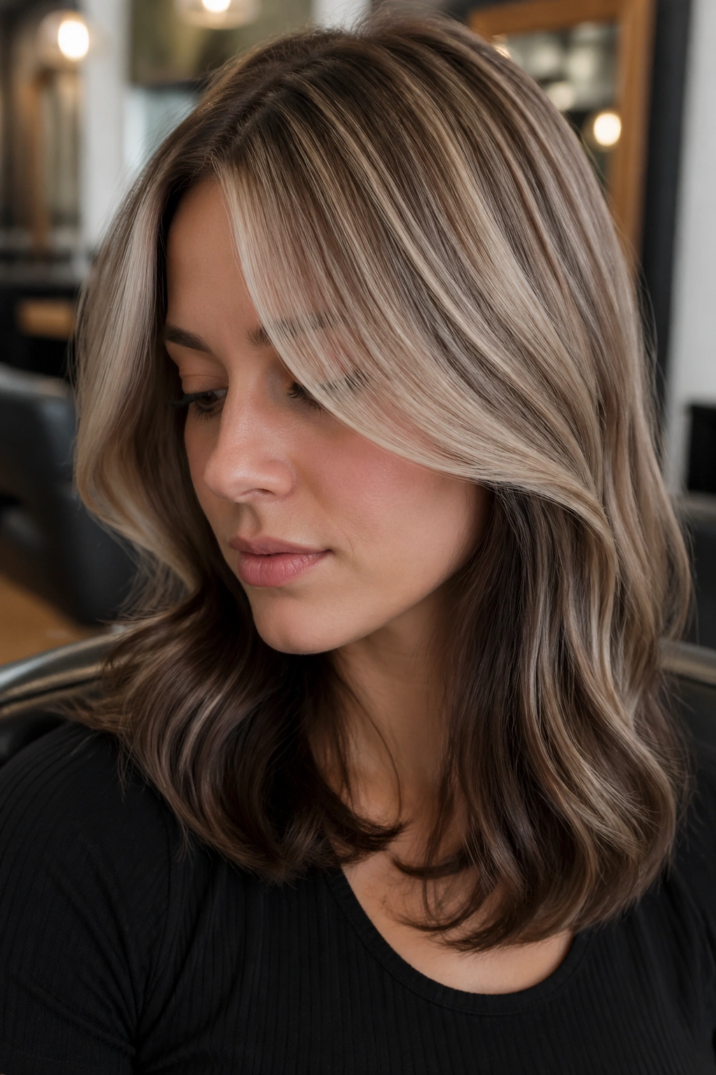 Close-up of a real person showing ash blonde and mushroom brown melt in a salon setting