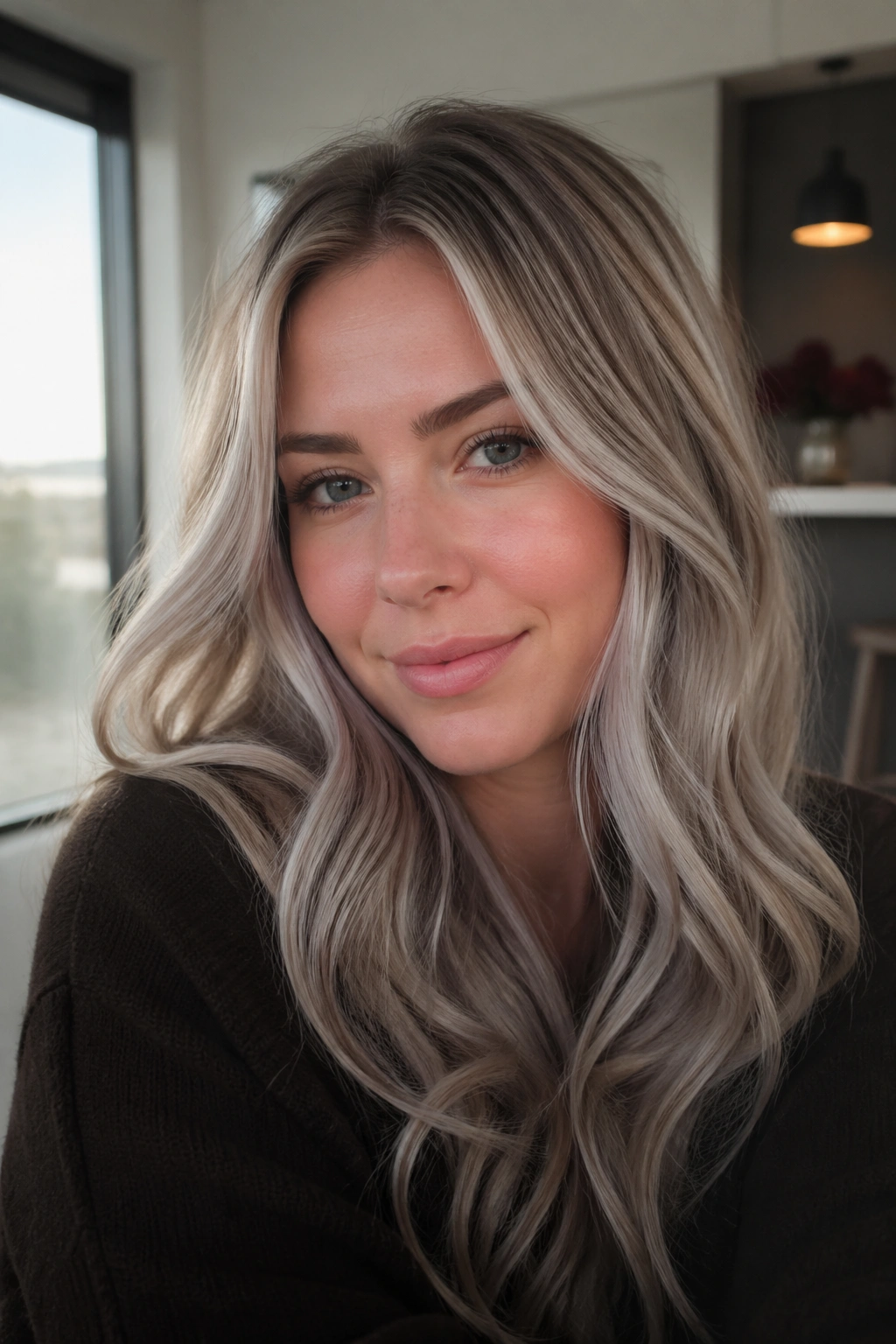 Close-up of a real person with ash blonde hair and silver lowlights in a bright apartment