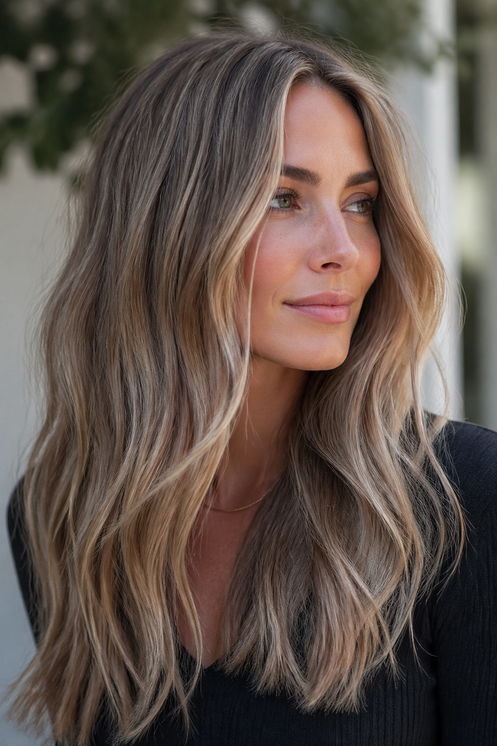 Portrait of a person with ash bronde hair and ribbon highlights.