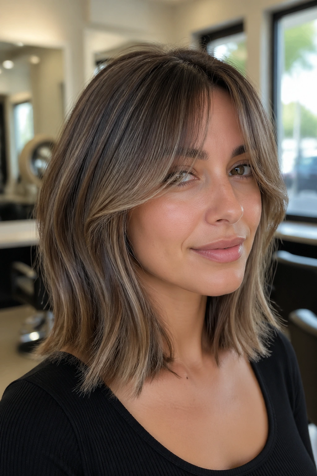 Close-up of real woman with ash brown balayage and curtain bangs