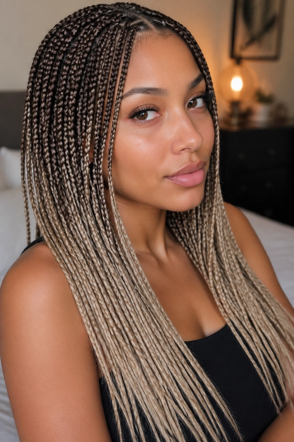 Close-up of ash brown to beige blonde ombre box braids