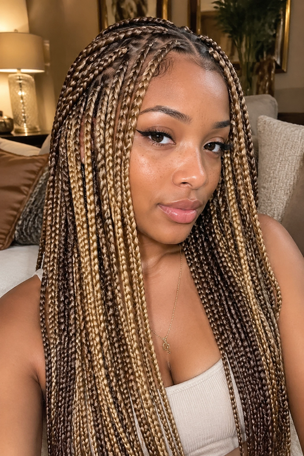 Real woman with ash brown and honey blonde braids in cozy interior