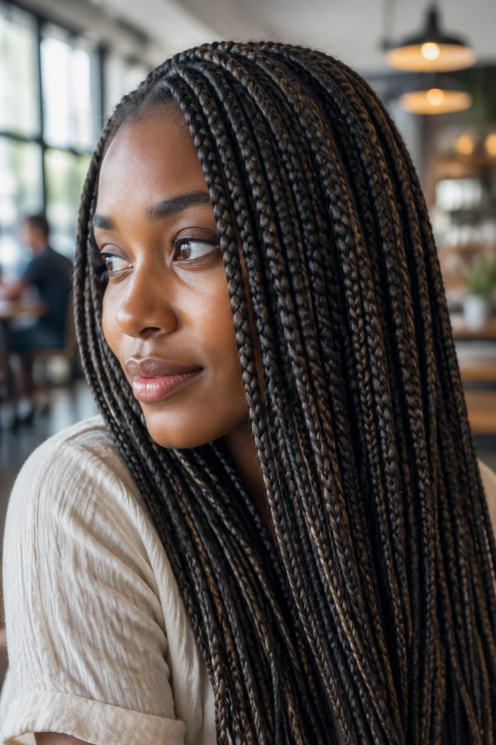 Close-up of ash-brown micro highlights in medium box braids on a real person