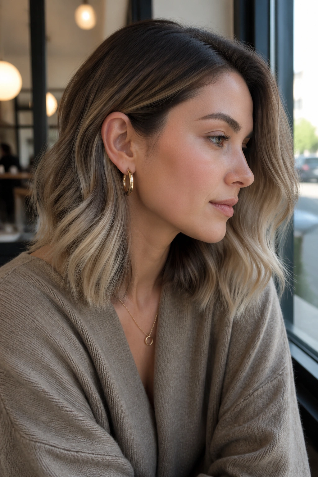 Close-up of ash brown to mushroom blonde ombre on a real woman in cafe window light