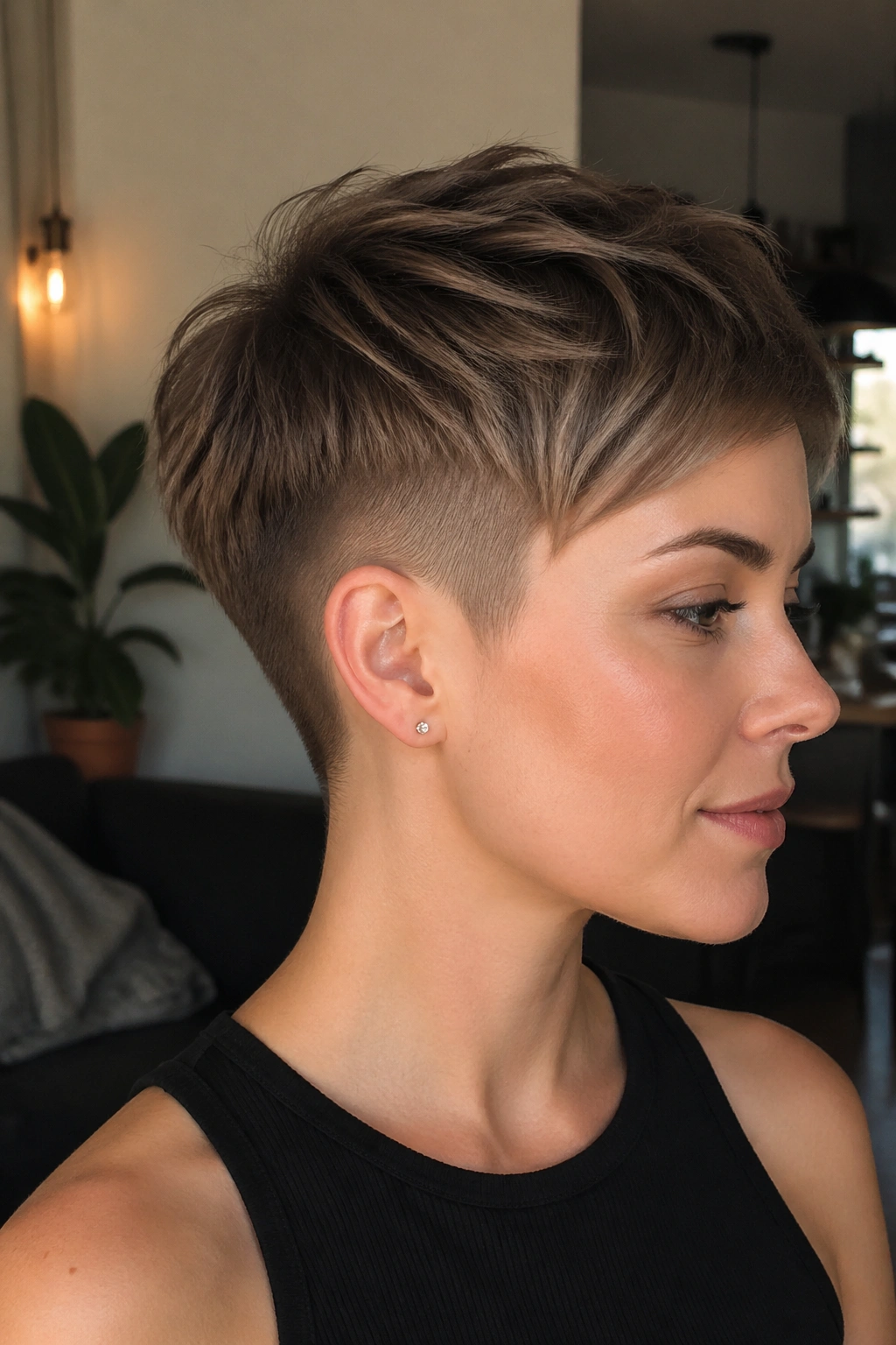Close-up of Soft Undercut Pixie in Ash Brown on a real person under warm apartment light
