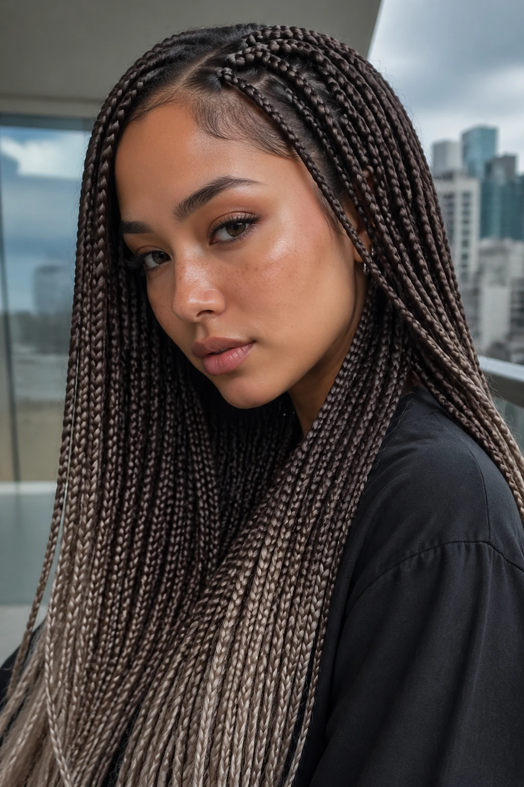 Knotless box braids from ash brown to smoked bronze on a real person