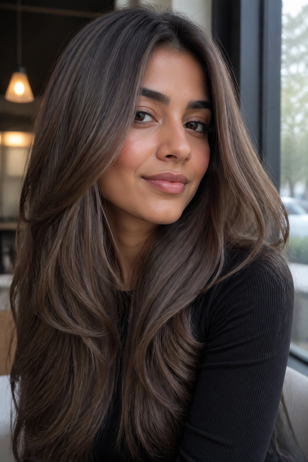 Close-up portrait of a woman with ash mocha hair on olive skin in a cafe window setting.