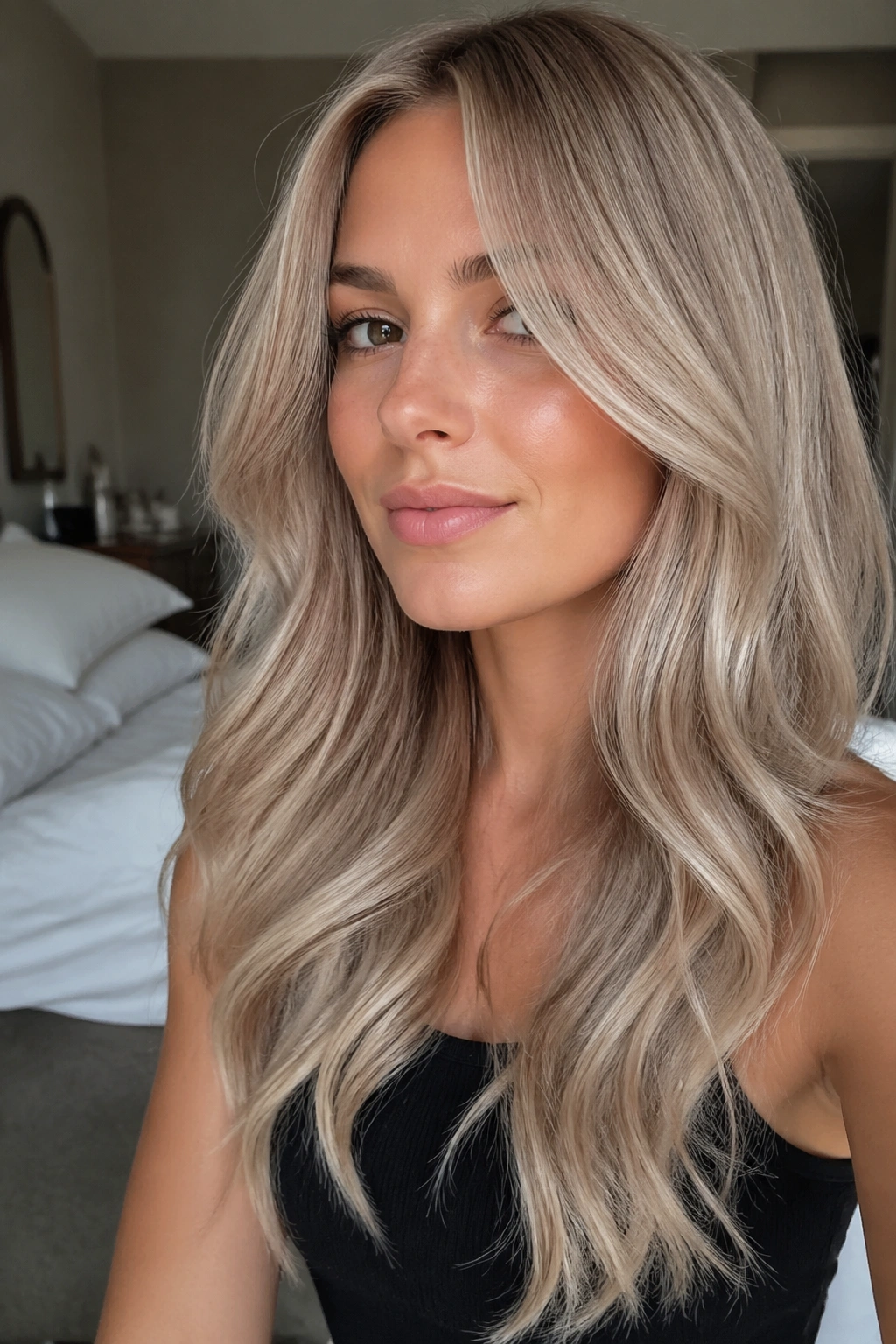 Close-up portrait of a real woman with ashy beige blonde hair in natural light