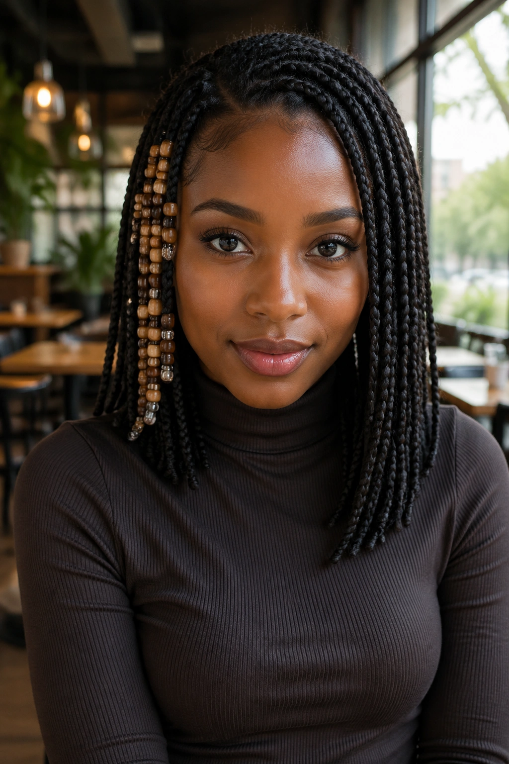 Close-up of knotless braids with one-side bead placement on a real person