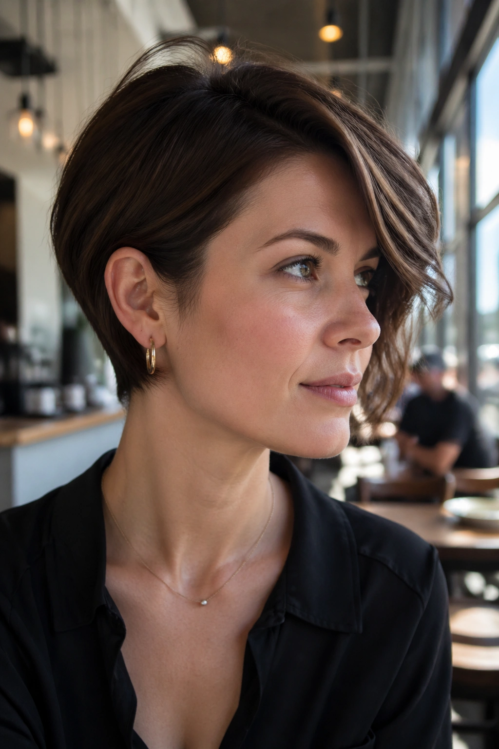 Close-up of a real person with an asymmetrical bixie showing a longer side and a shorter side