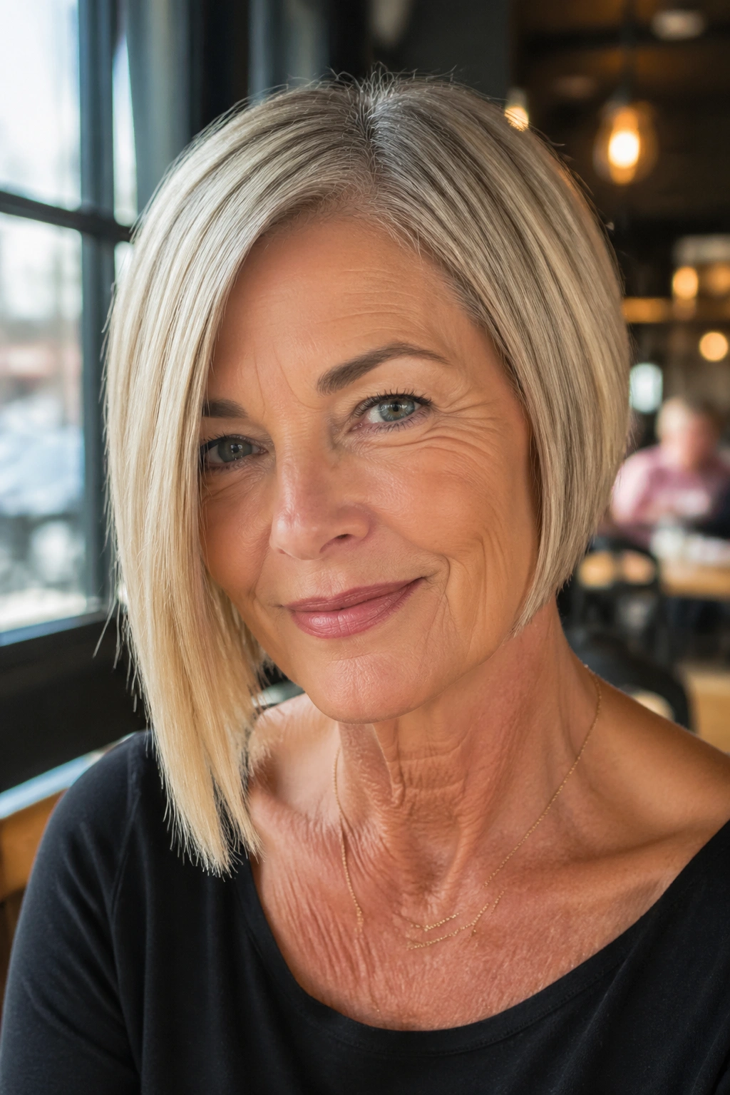 Close-up portrait of a real woman with a subtle asymmetrical bob.