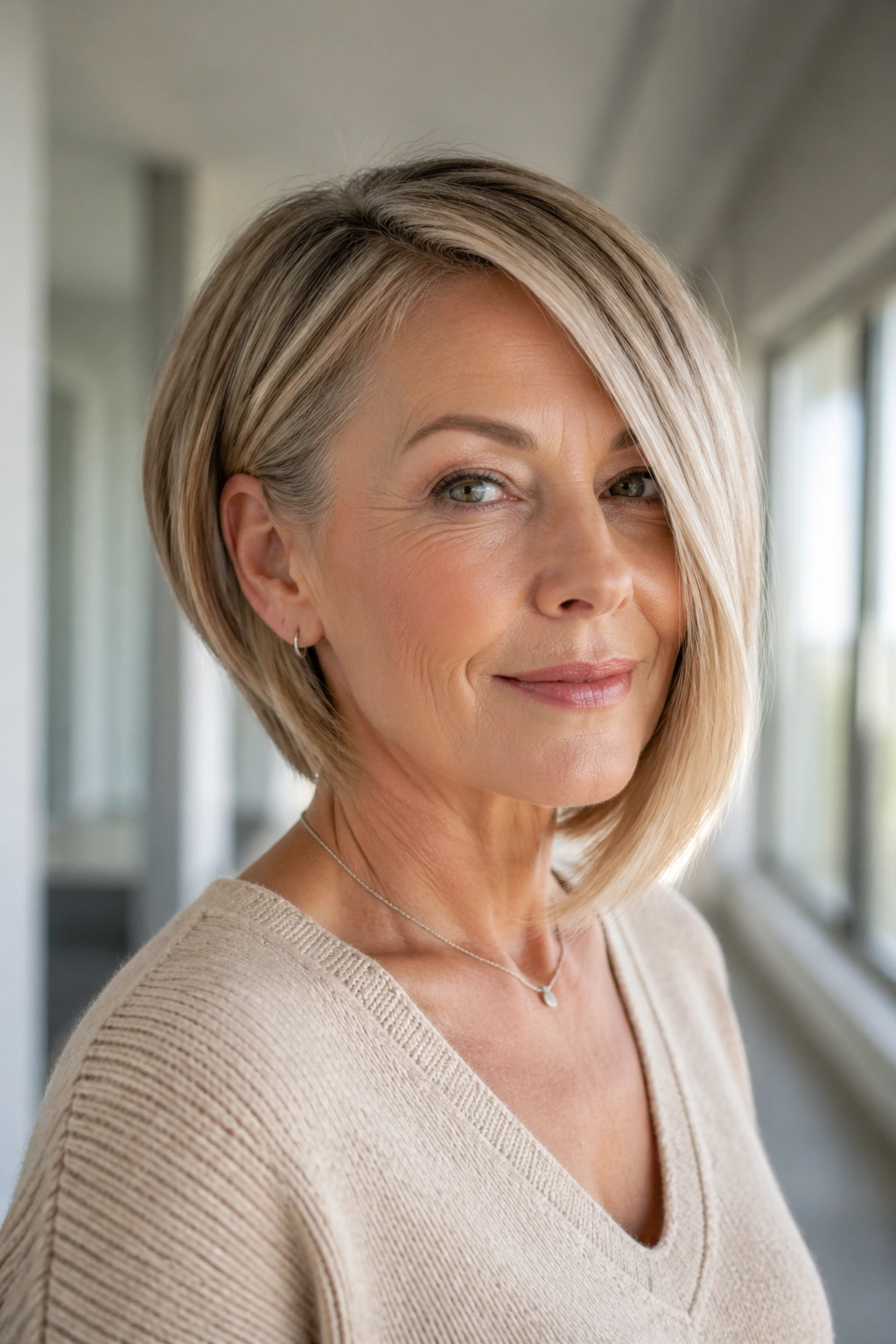 Portrait of a real woman with an asymmetrical bob and clean angle.