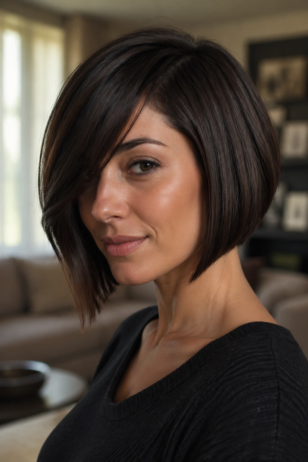 Close-up of a real woman with an asymmetrical brunette bob and deep side sweep in warm window light