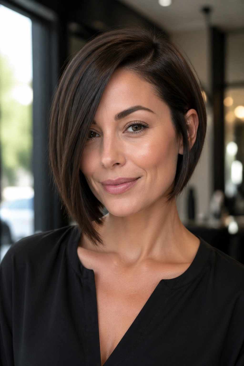 Real woman with a crisp asymmetrical bob and clean slant in a chic setting.