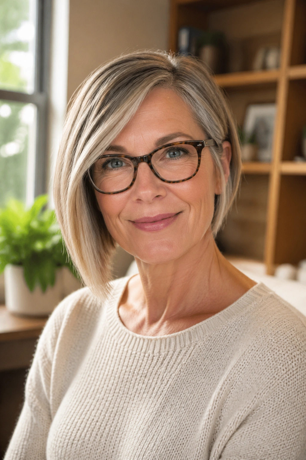 Close-up of a real woman with an asymmetrical bob and deep side part in a sunlit living room