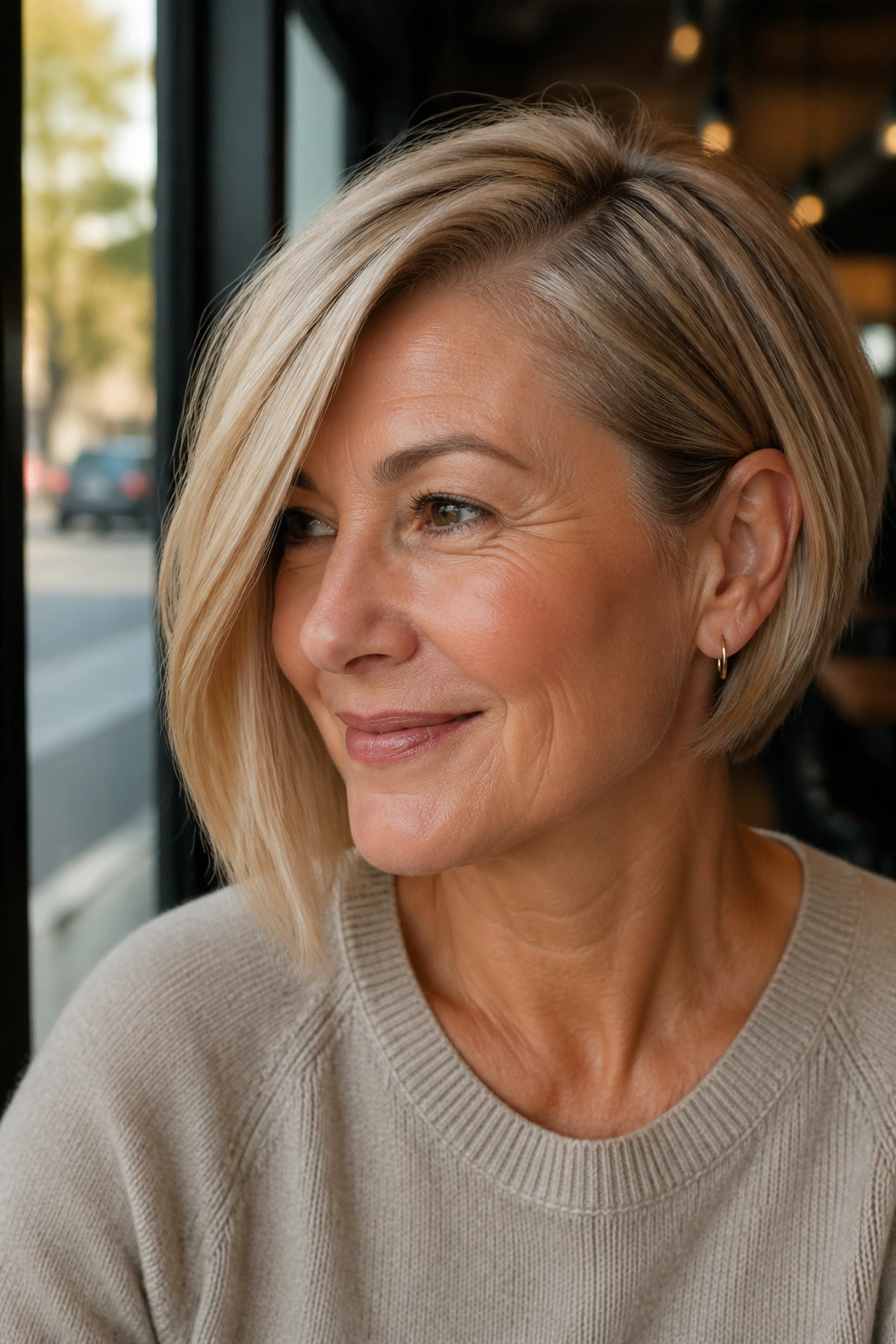 Portrait of a woman with an asymmetrical bob and deep side part.