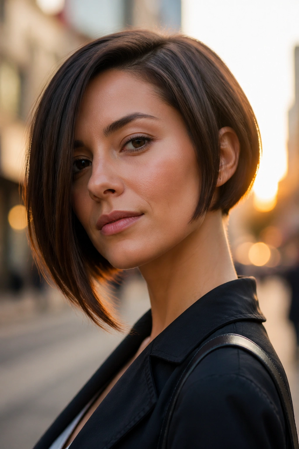 Portrait of a real woman with an asymmetrical bob, one side longer.