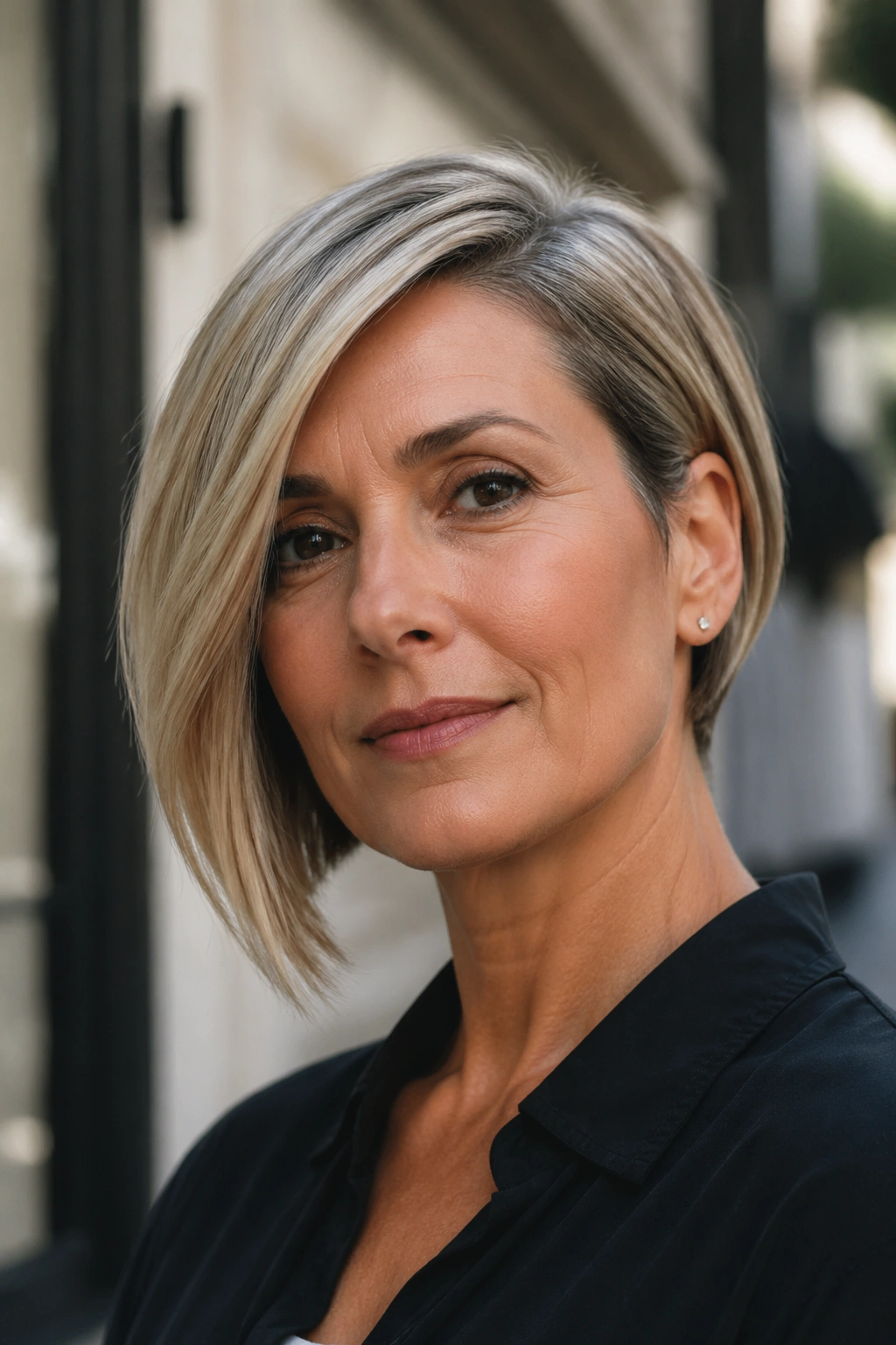 Close-up portrait of a real woman with an asymmetrical bob.